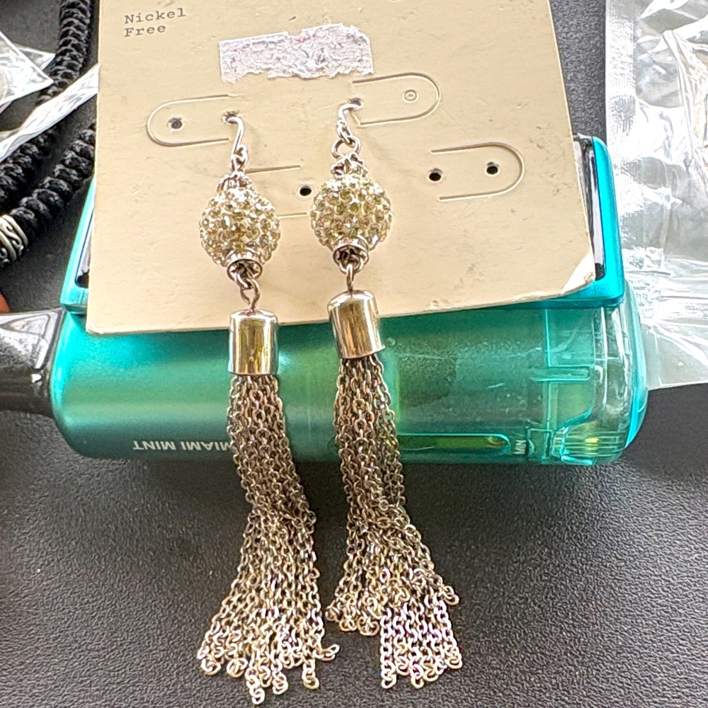 Tassel Drop Earrings with Crystal Bead - Silver